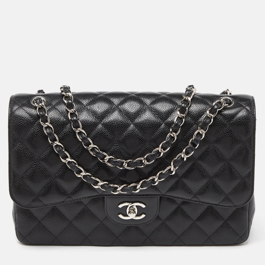 Chanel Black Caviar Quilted Leather Jumbo Classic Double New Bag