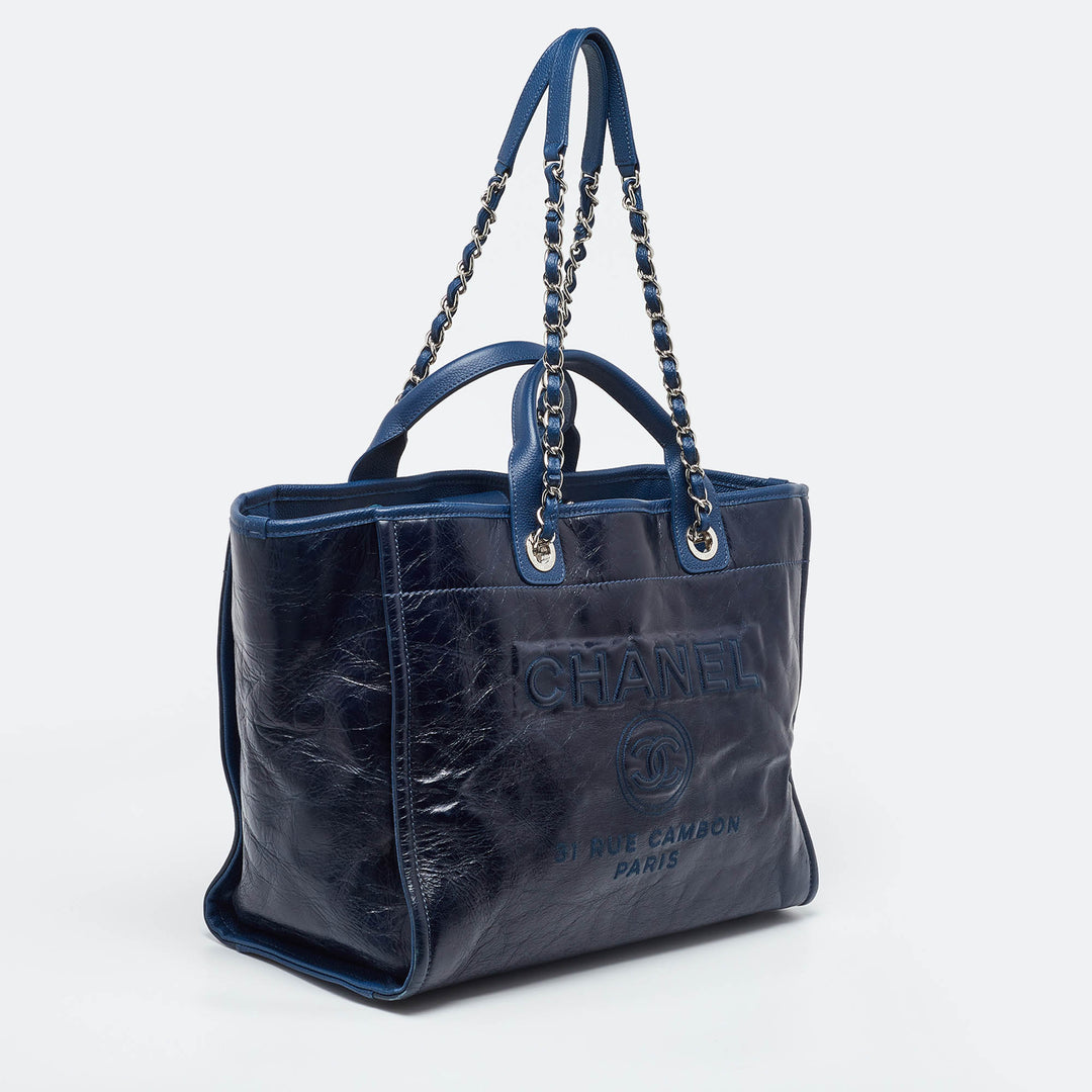 Top Quality Chanel Navy Blue Leather Large Deauville Tote