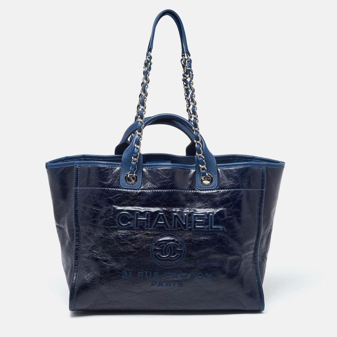 Top Quality Chanel Navy Blue Leather Large Deauville Tote