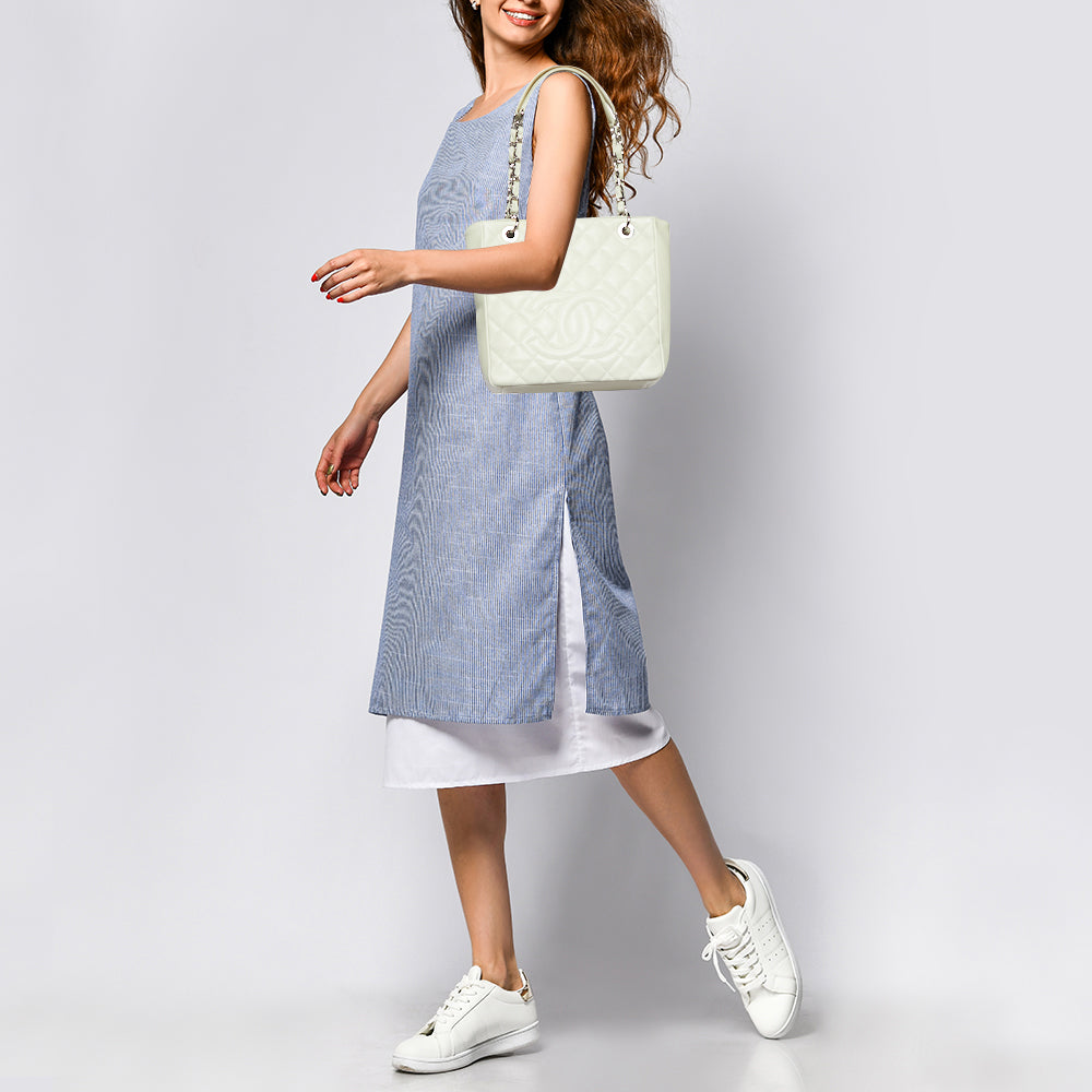 Top Quality Chanel Ivory Quilted Caviar Leather Petite Shopping Tote