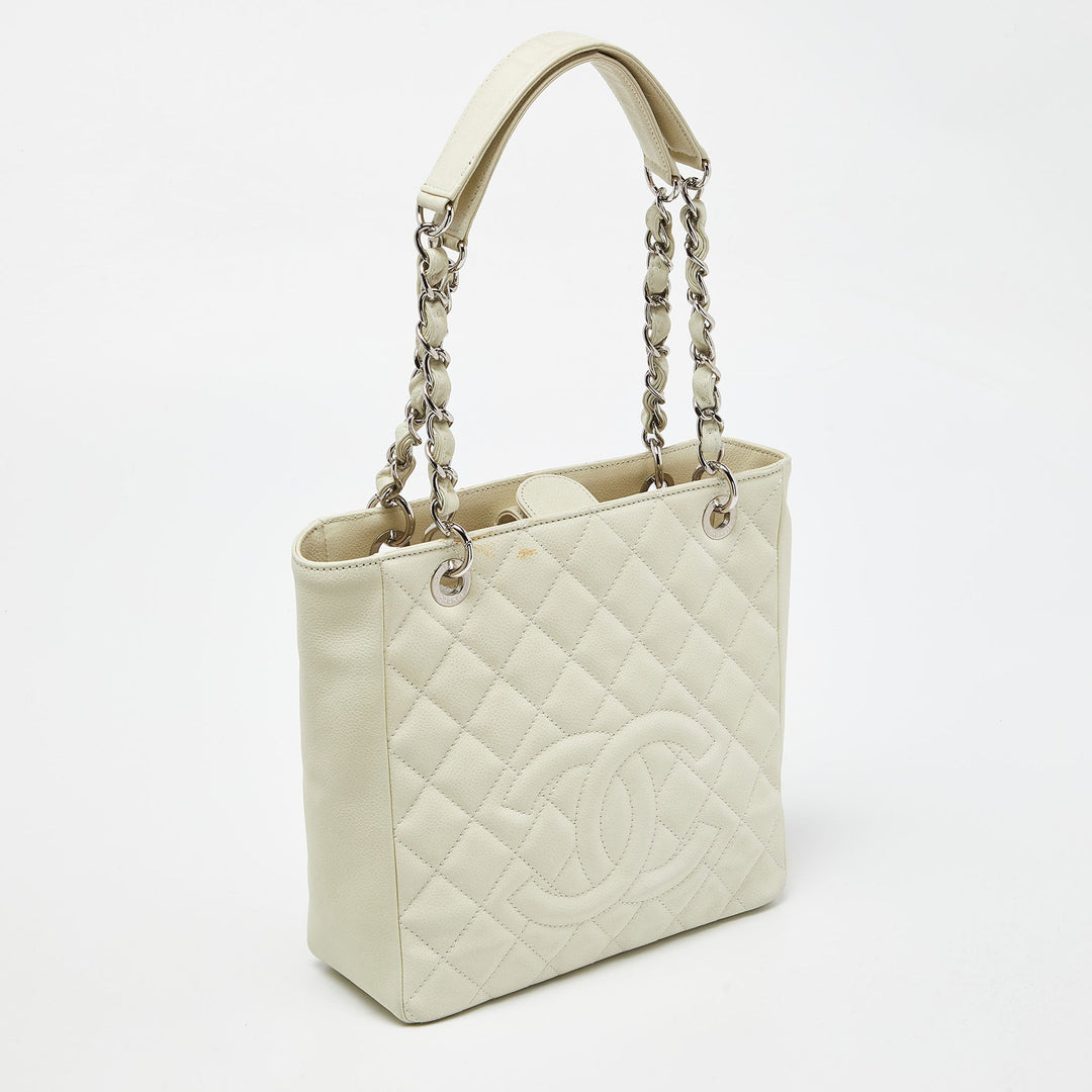 Top Quality Chanel Ivory Quilted Caviar Leather Petite Shopping Tote