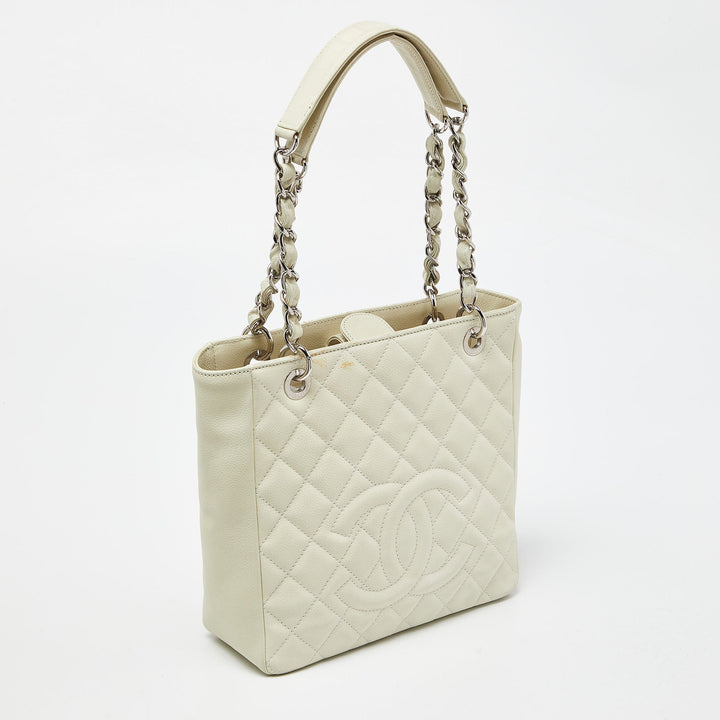 Top Quality Chanel Ivory Quilted Caviar Leather Petite Shopping Tote