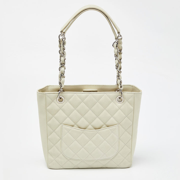 Top Quality Chanel Ivory Quilted Caviar Leather Petite Shopping Tote