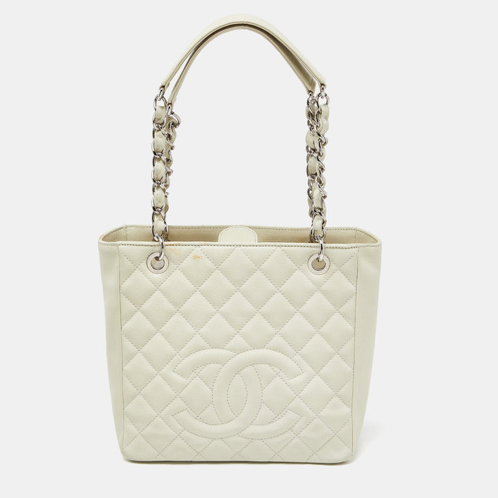 Top Quality Chanel Ivory Quilted Caviar Leather Petite Shopping Tote