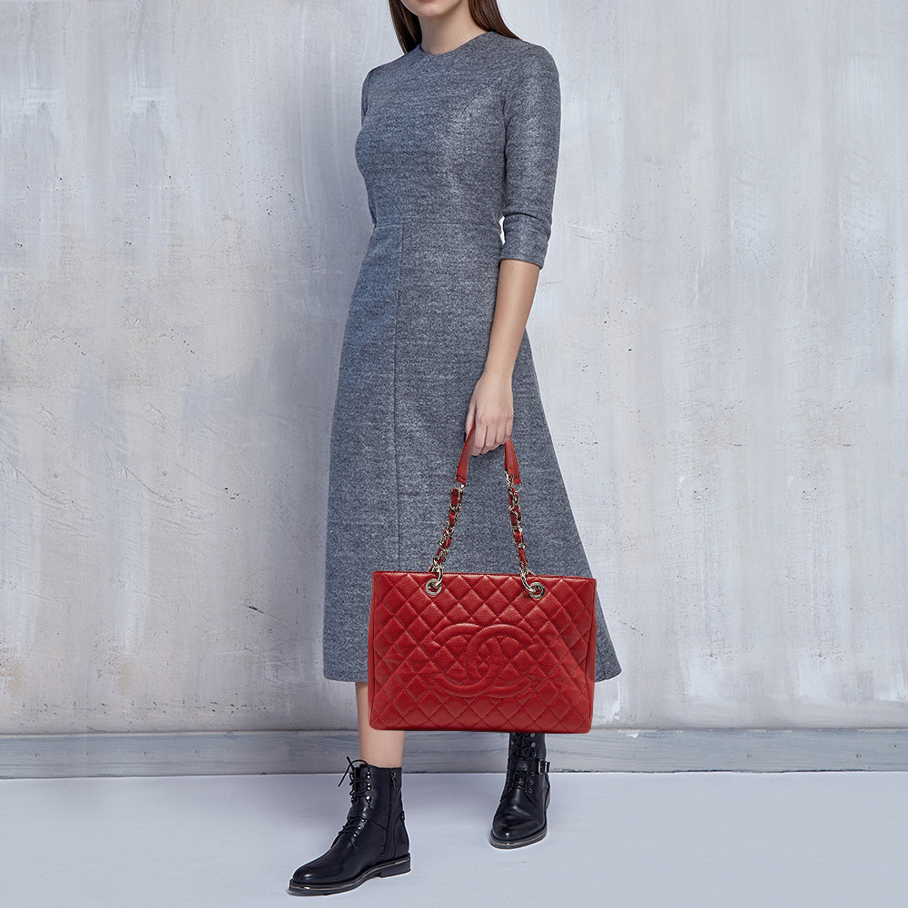 Top Quality Chanel Red Quilted Caviar Leather Grand Shopper Tote