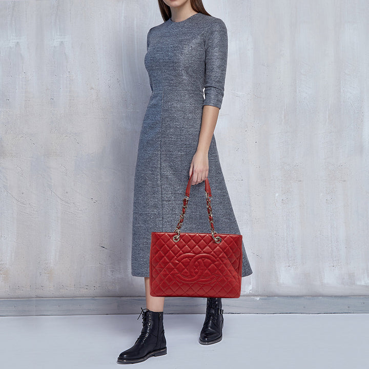 Top Quality Chanel Red Quilted Caviar Leather Grand Shopper Tote