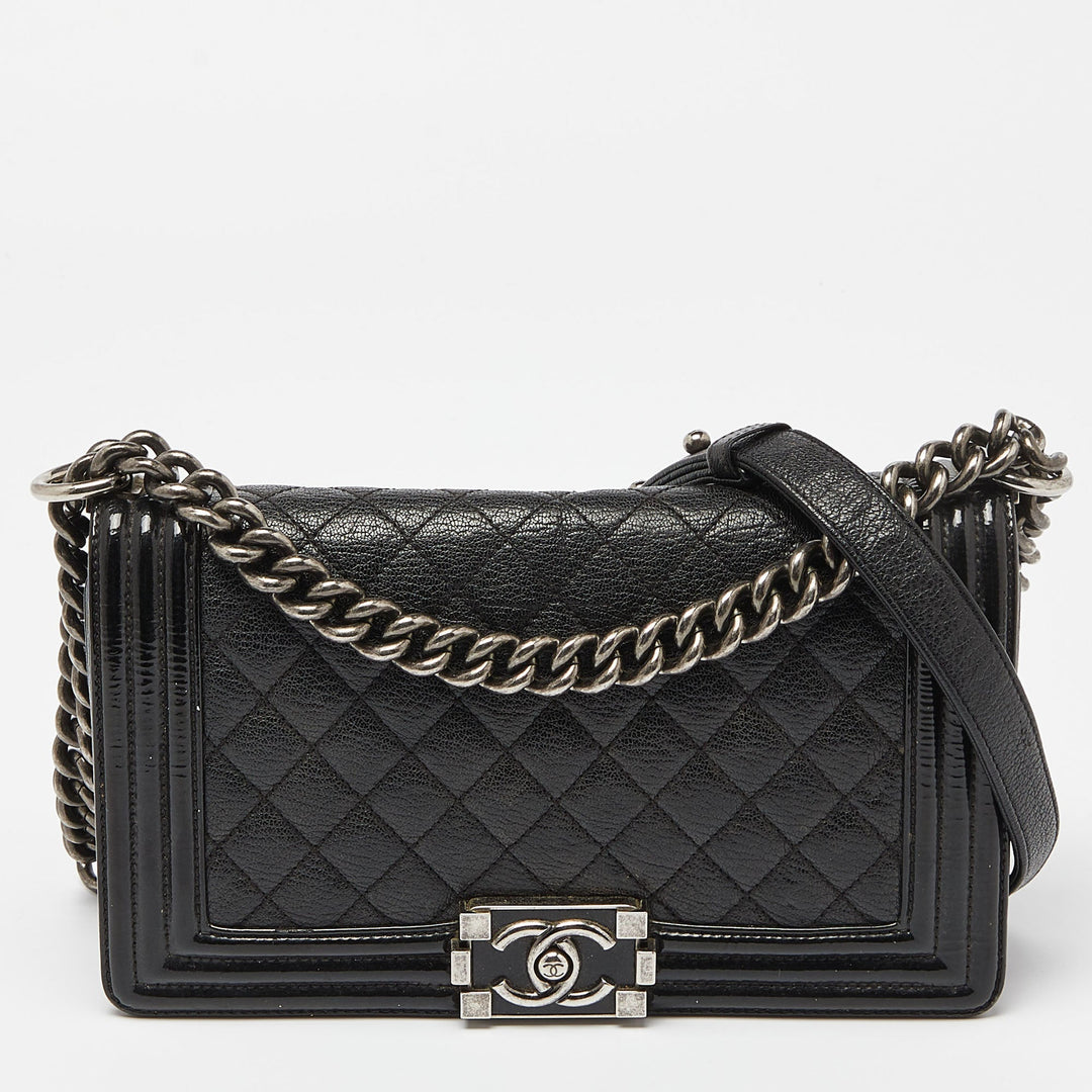 Chanel Black Quilted Patent and Leather Medium Boy New Bag