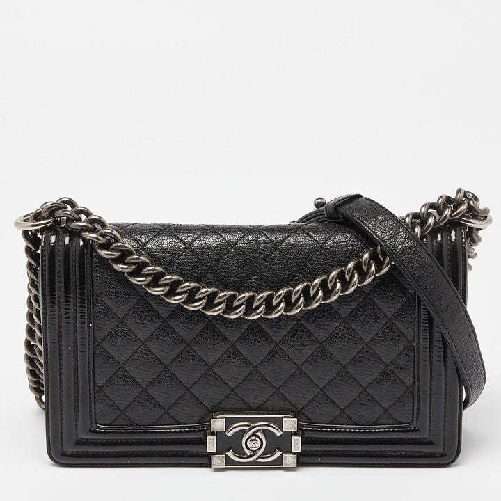 Chanel Black Quilted Patent and Leather Medium Boy New Bag