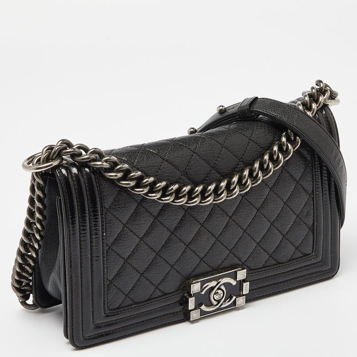 Chanel Black Quilted Patent and Leather Medium Boy New Bag