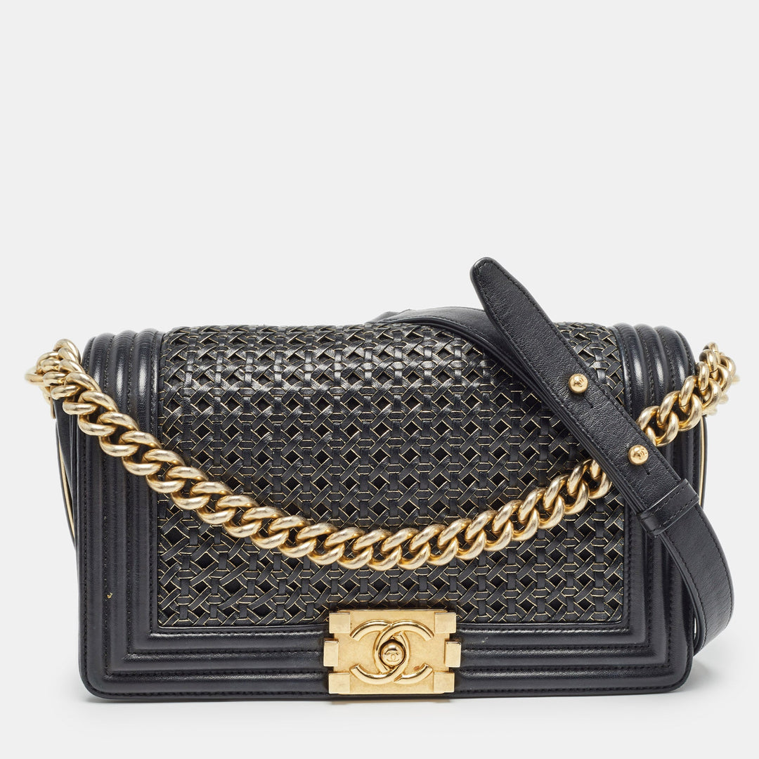 Chanel Black/Gold Woven Leather Medium Boy New Bag