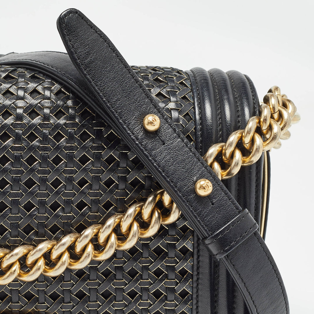 Chanel Black/Gold Woven Leather Medium Boy New Bag