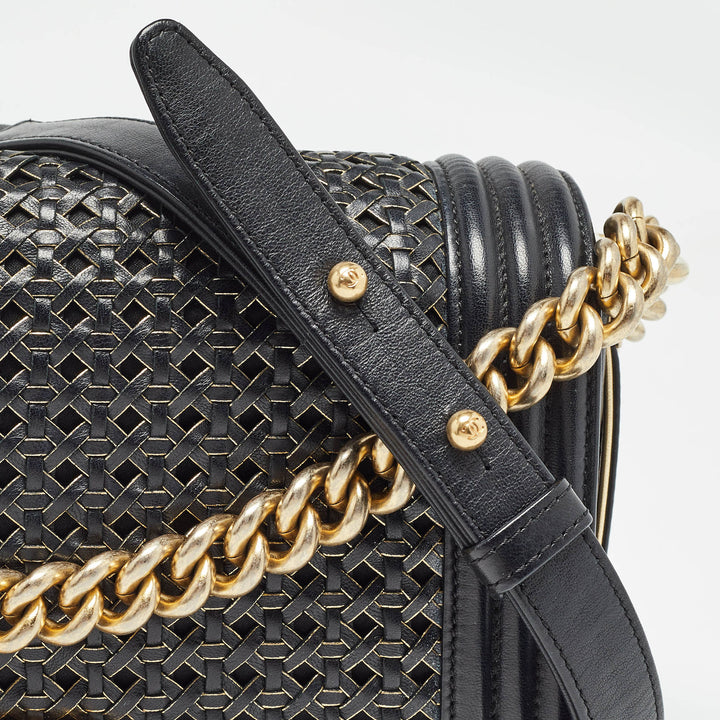 Chanel Black/Gold Woven Leather Medium Boy New Bag