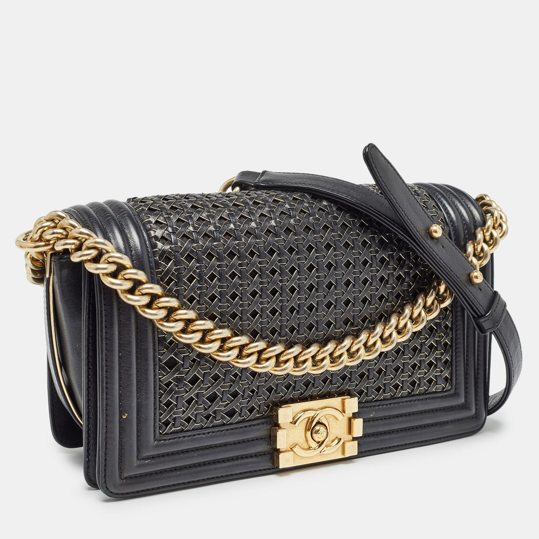 Chanel Black/Gold Woven Leather Medium Boy New Bag