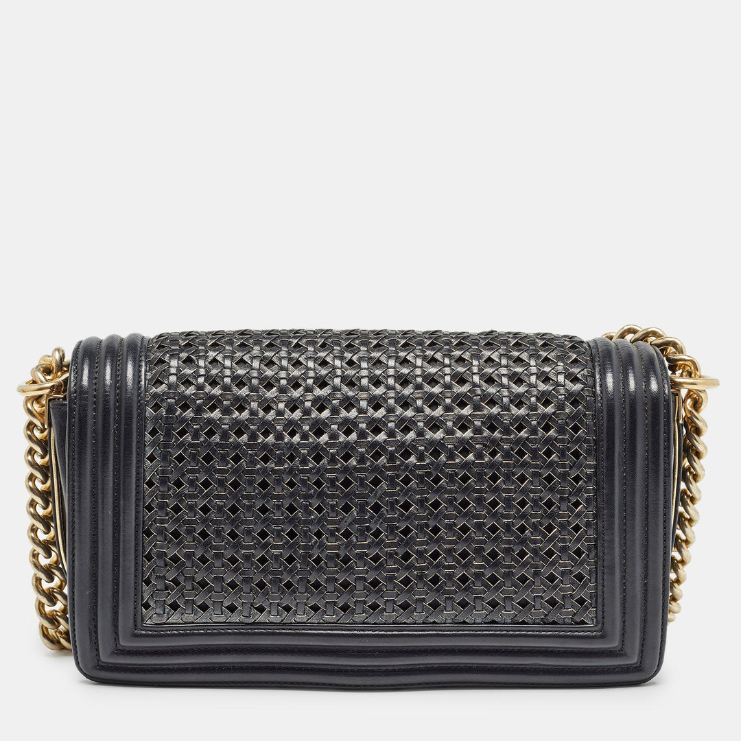 Chanel Black/Gold Woven Leather Medium Boy New Bag
