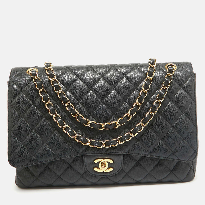 Chanel Black Quilted Caviar Leather Maxi Classic Single New Bag