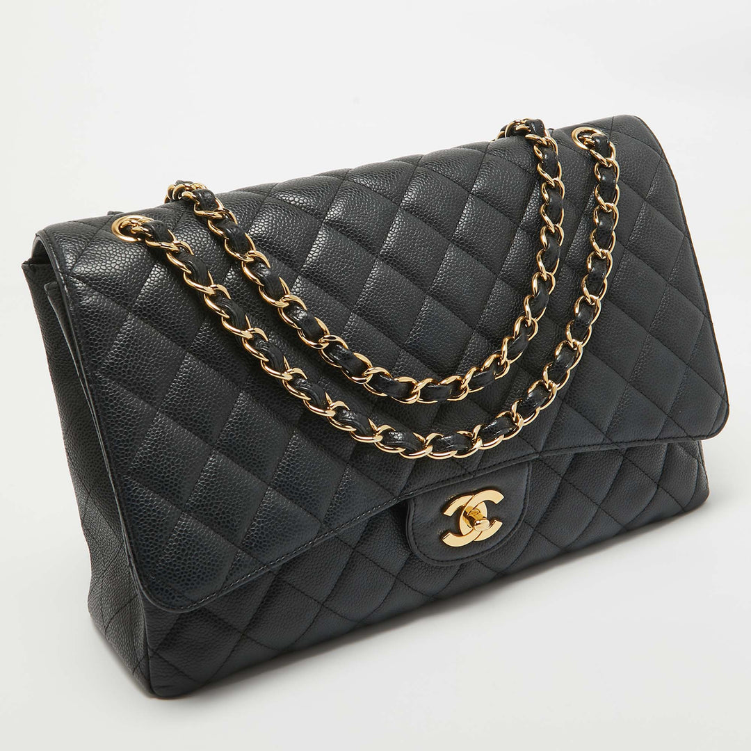 Chanel Black Quilted Caviar Leather Maxi Classic Single New Bag