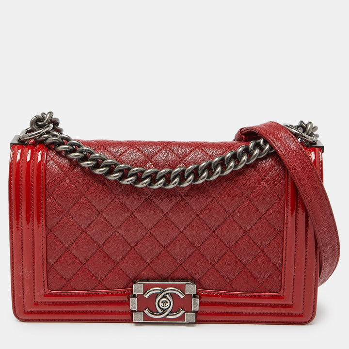 Chanel Red Quilted Leather and Patent Leather Medium Boy New Bag