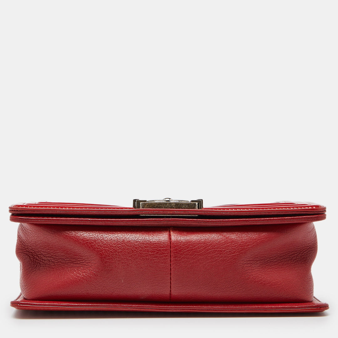 Chanel Red Quilted Leather and Patent Leather Medium Boy New Bag