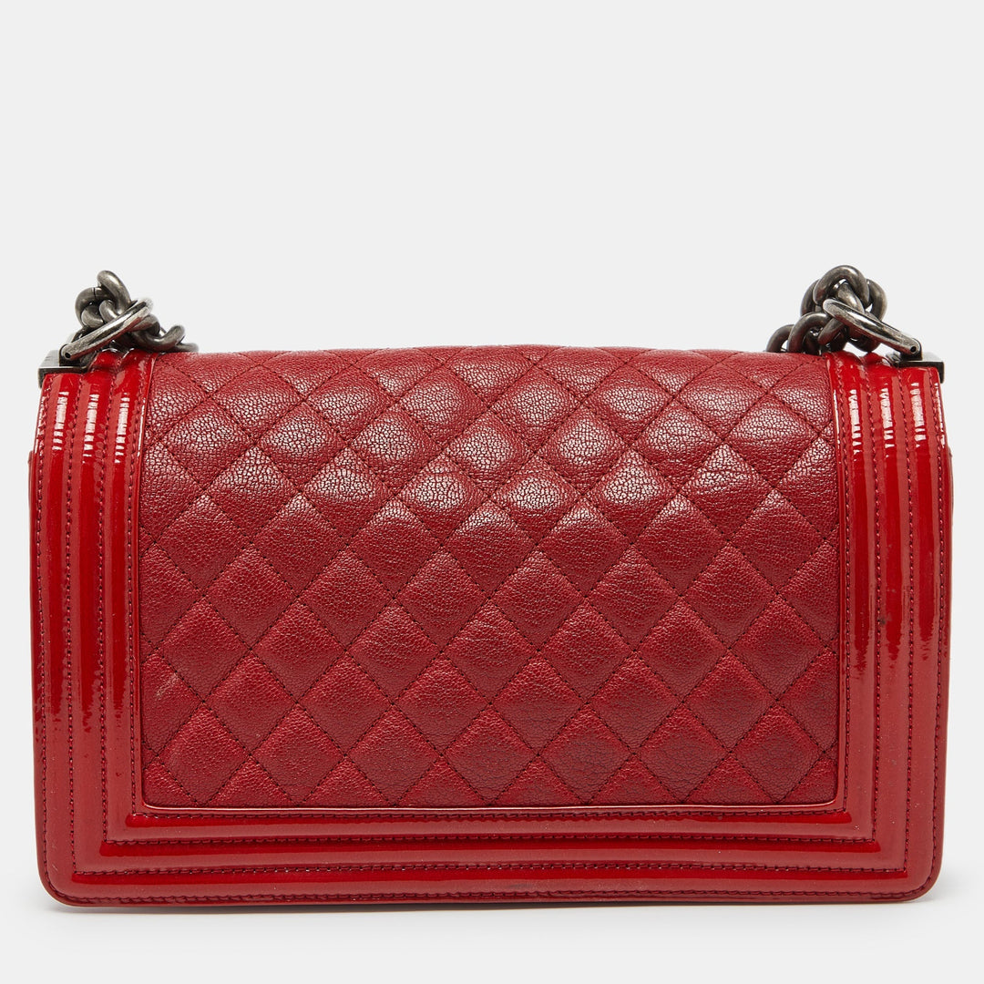 Chanel Red Quilted Leather and Patent Leather Medium Boy New Bag