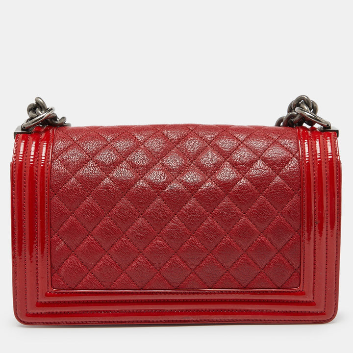 Chanel Red Quilted Leather and Patent Leather Medium Boy New Bag