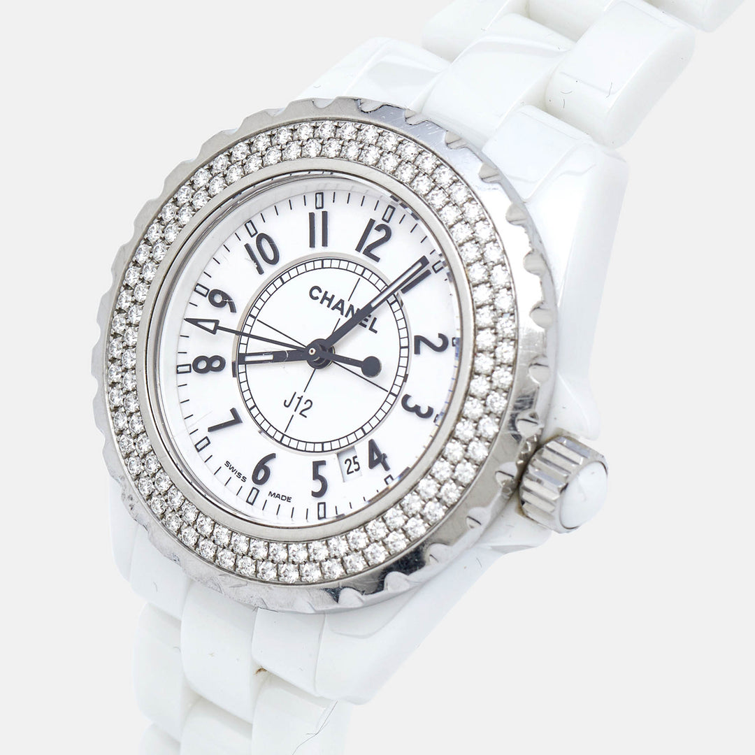 Chanel White Ceramic Stainless Steel Diamond J12 H0967 Women's Wristwatch 33 mm