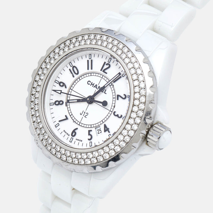 Chanel White Ceramic Stainless Steel Diamond J12 H0967 Women's Wristwatch 33 mm
