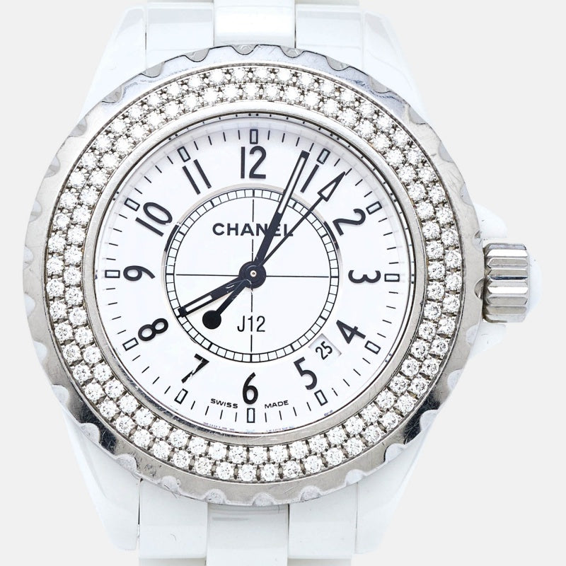 Chanel White Ceramic Stainless Steel Diamond J12 H0967 Women's Wristwatch 33 mm