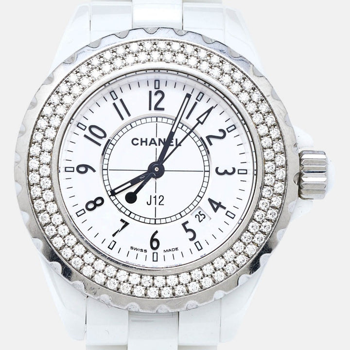 Chanel White Ceramic Stainless Steel Diamond J12 H0967 Women's Wristwatch 33 mm