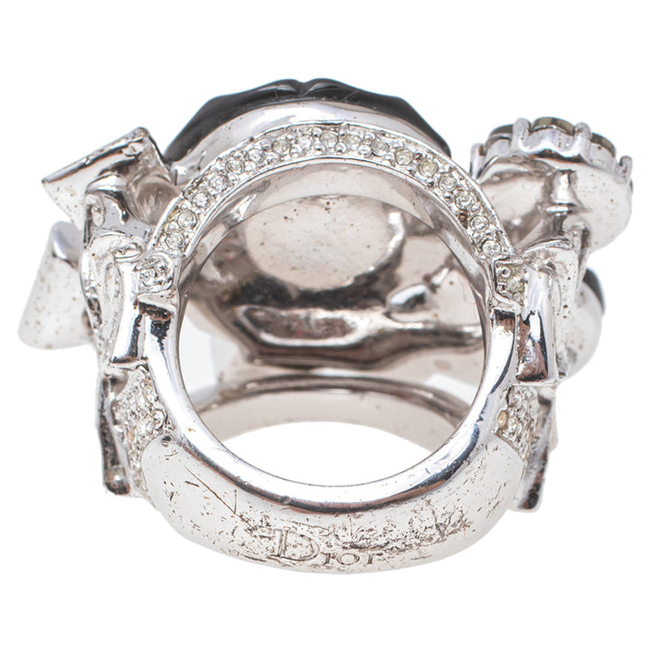 Top quality Dior Silver Tone Crystal Bow Detail Cocktail Ring Size 54