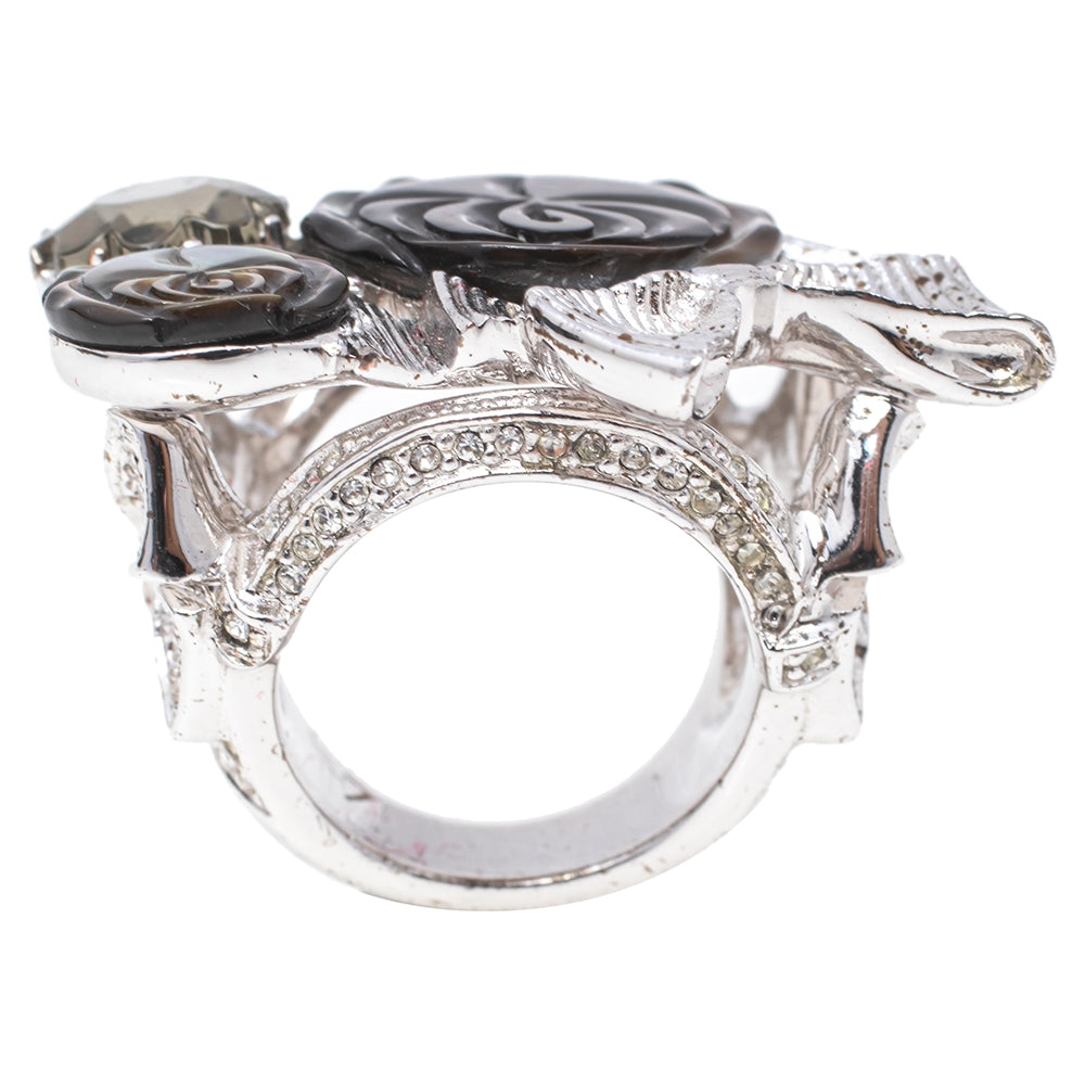 Top quality Dior Silver Tone Crystal Bow Detail Cocktail Ring Size 54