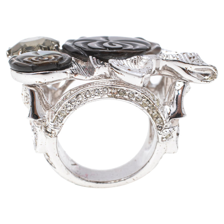 Top quality Dior Silver Tone Crystal Bow Detail Cocktail Ring Size 54