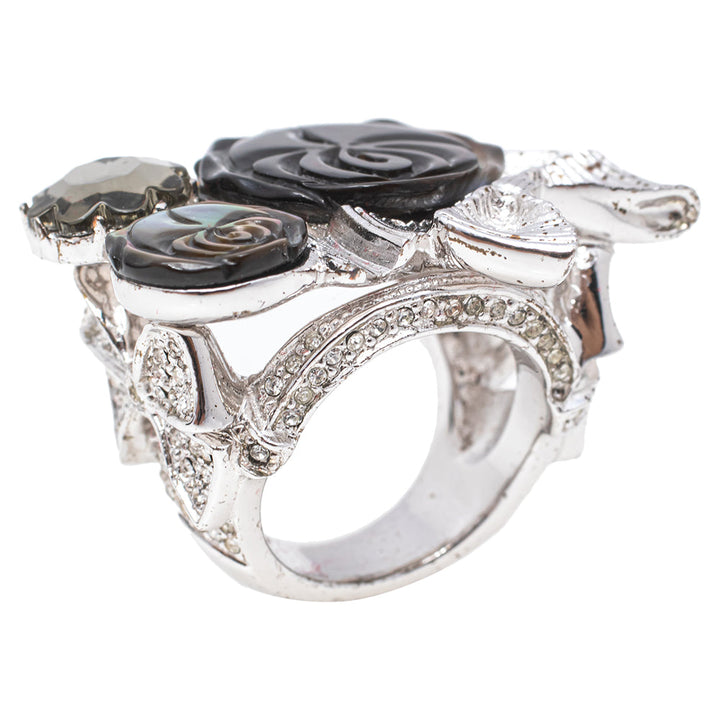 Top quality Dior Silver Tone Crystal Bow Detail Cocktail Ring Size 54