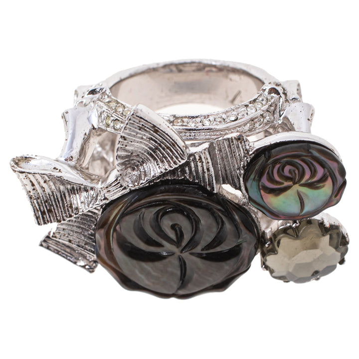 Top quality Dior Silver Tone Crystal Bow Detail Cocktail Ring Size 54