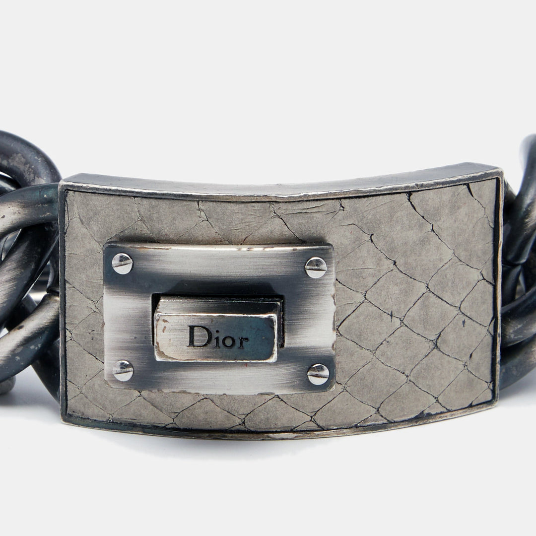 Top quality Dior Aged Silver Tone Leather Plaque Chunky Chain Link Bracelet
