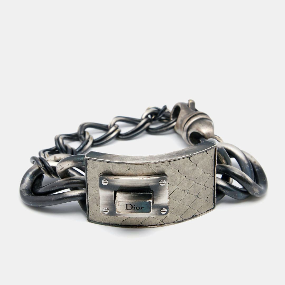 Top quality Dior Aged Silver Tone Leather Plaque Chunky Chain Link Bracelet
