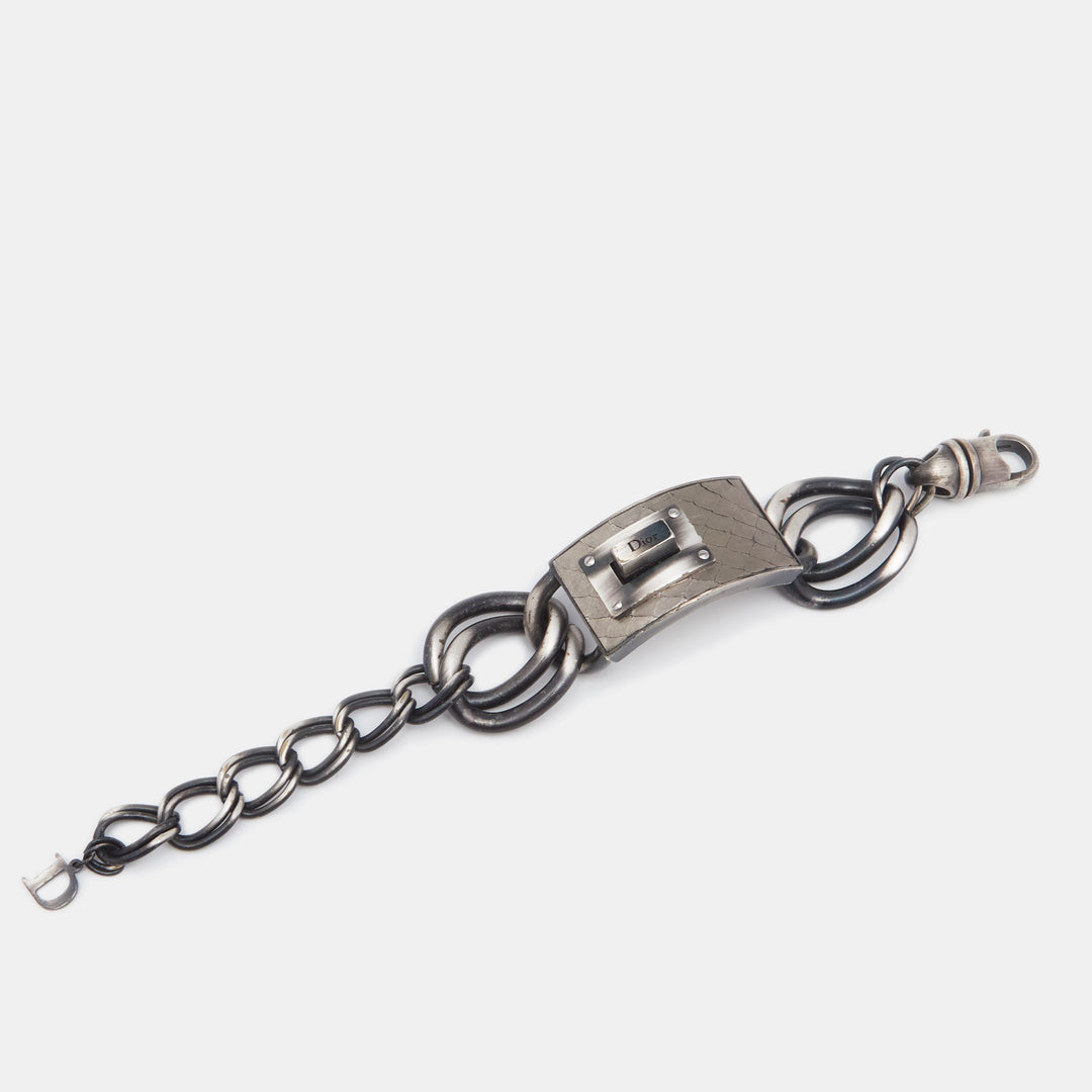 Top quality Dior Aged Silver Tone Leather Plaque Chunky Chain Link Bracelet