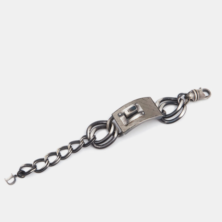 Top quality Dior Aged Silver Tone Leather Plaque Chunky Chain Link Bracelet