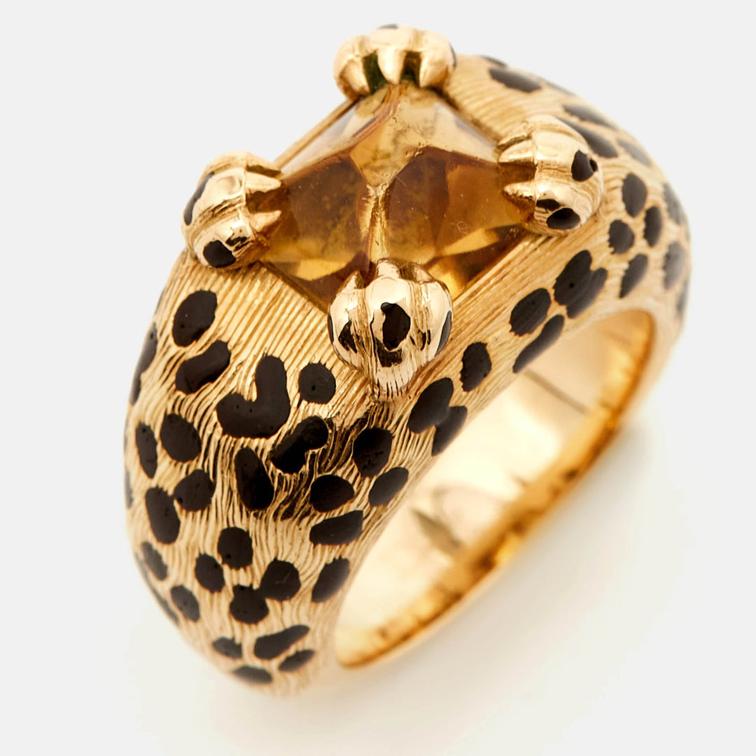 Top quality Dior Leopard Citrine Lacquer 18k Yellow Gold Ring Size 52