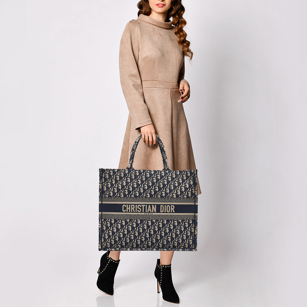 Top quality Dior Navy Blue Oblique Embroidered Canvas Large Book Tote