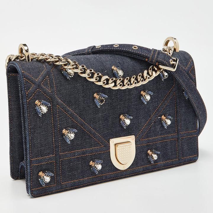 Top quality Dior Blue Denim Medium Crystal Embellished ama Shoulder Bag