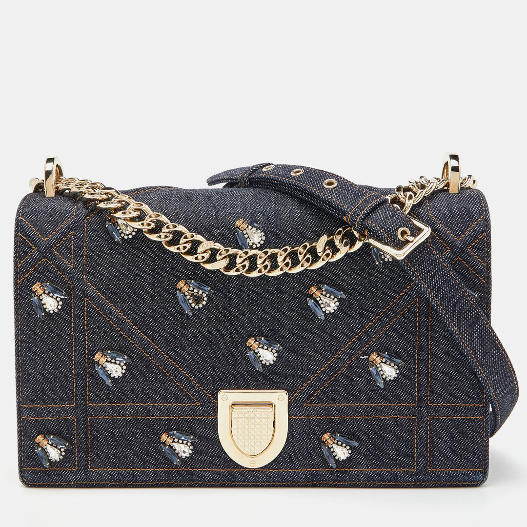 Top quality Dior Blue Denim Medium Crystal Embellished ama Shoulder Bag