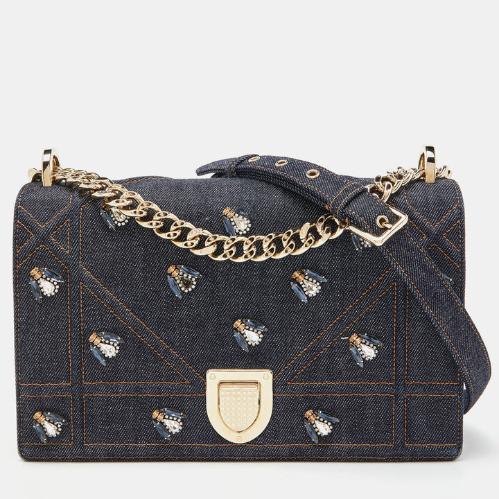 Top quality Dior Blue Denim Medium Crystal Embellished ama Shoulder Bag