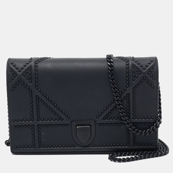 Top quality Dior Matte Black Leather Studded ama Wallet on Chain