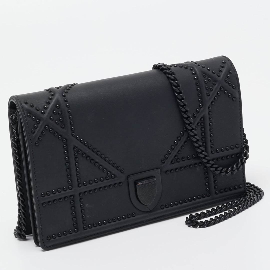 Top quality Dior Matte Black Leather Studded ama Wallet on Chain