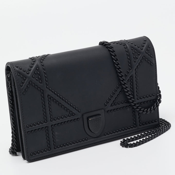 Top quality Dior Matte Black Leather Studded ama Wallet on Chain