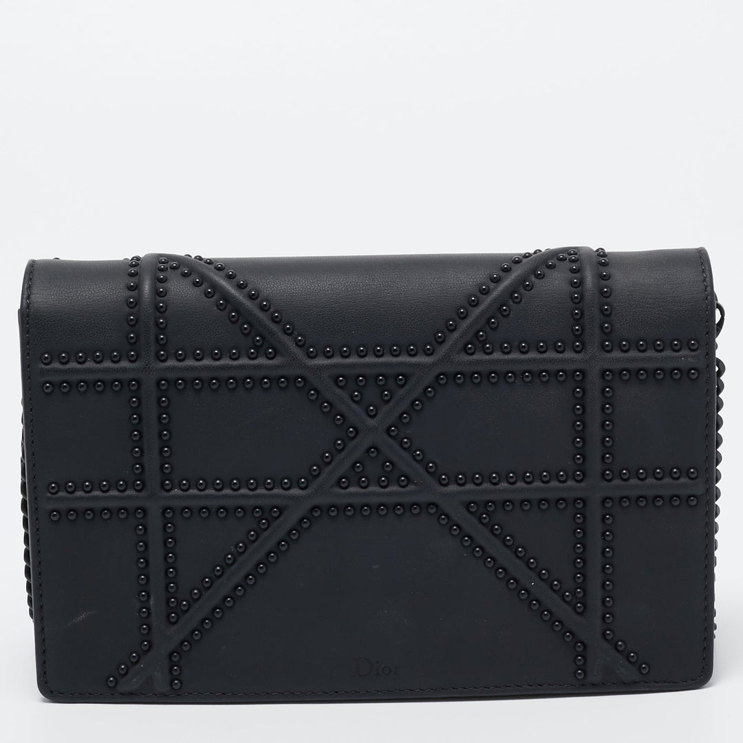 Top quality Dior Matte Black Leather Studded ama Wallet on Chain