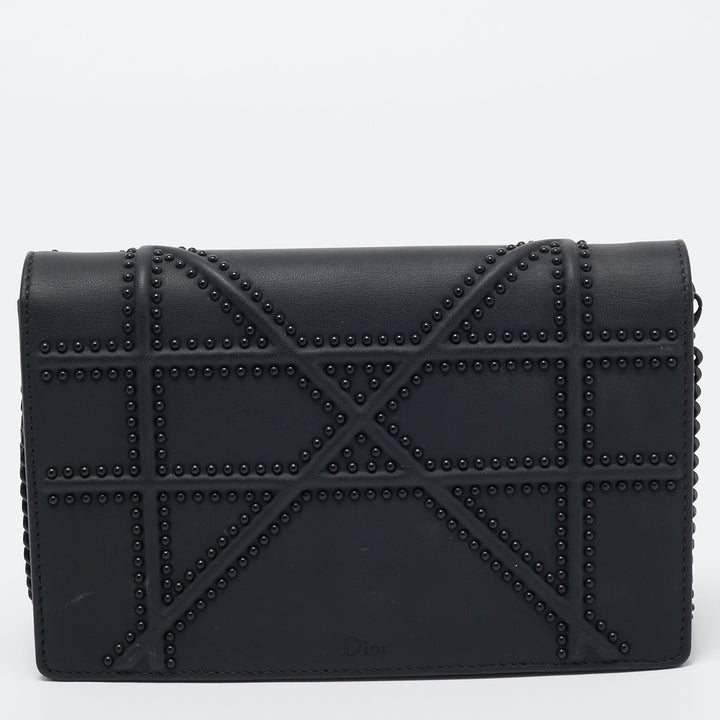 Top quality Dior Matte Black Leather Studded ama Wallet on Chain