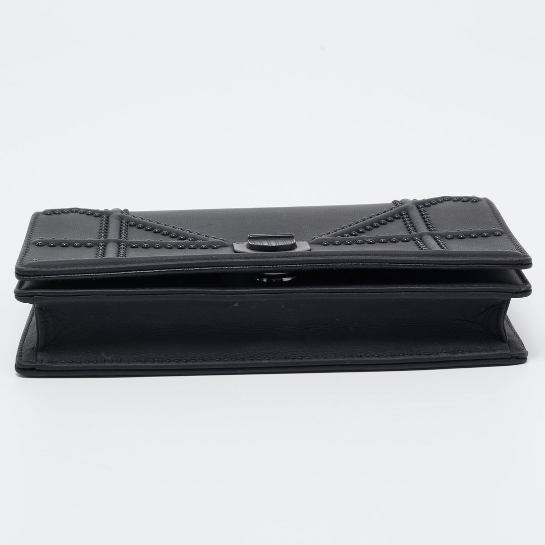 Top quality Dior Matte Black Leather Studded ama Wallet on Chain