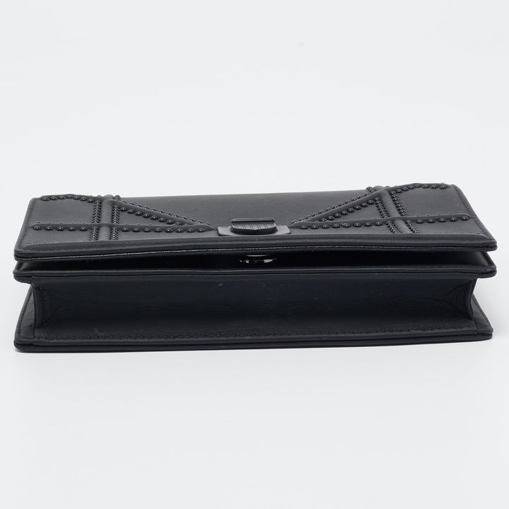 Top quality Dior Matte Black Leather Studded ama Wallet on Chain