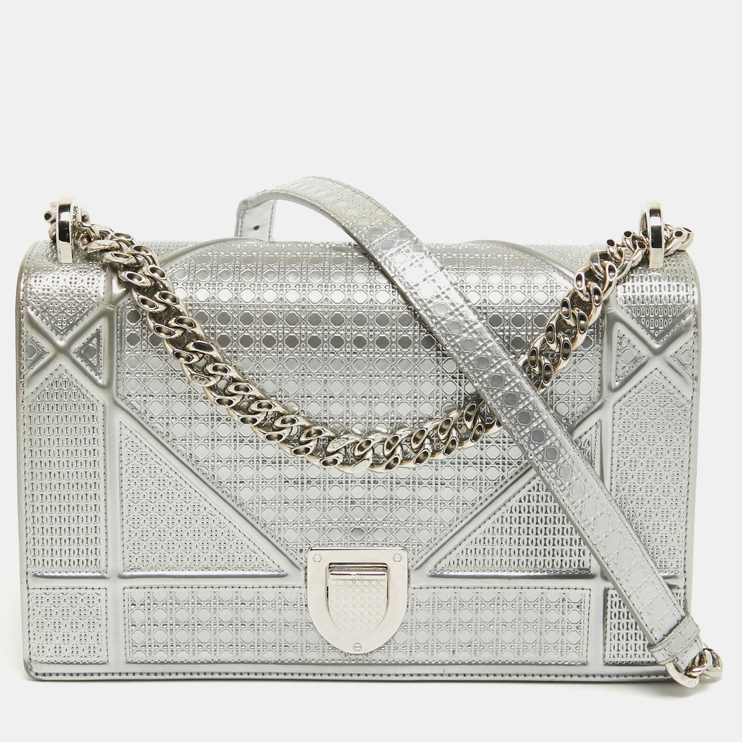 Top quality Dior Silver Microcannage Patent Leather Medium ama Flap Shoulder Bag